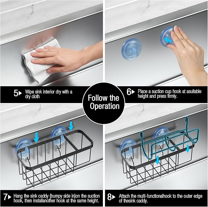 HOKEMOM Kitchen Sink Caddy Organizer with Sponge Holder & Multifunctional Hooks - Dual Suction Cups (18.5lb Hold), 2.0mm Stainless Steel Black Rust-Proof, Non-Slip, 7.09" x 4.33" x 2.76"