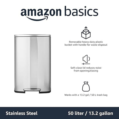 Amazon Basics Smudge Resistant Rectangular Trash Can with Soft-Close Lid, Foot Pedal, Removable Inner Bucket, 50 Liter/13.2 Gallon, Brushed Stainless Steel, Satin Nickel Finish