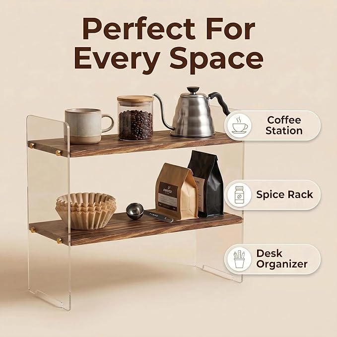Coffee Station Organizer 2 Tier, Solid Wood Mug Shelffor Coffee Bar,Matcha Station,Tea Storage - Holds Mugs,Beans,Syrup,Cups,Tirrers (Dark Brown Wood Grain, 15.4" L x 5.7" W x 13.4" H)