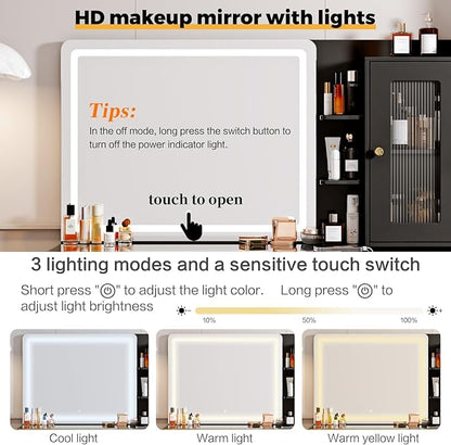 47.24" Big Modern Vanity Desk with Mirror and Lights, Vanity Desk with 29.53" HD Lighted Mirror, Makeup Vanity with 5 Drawers and Storage Shelves and Charging Station, Black2