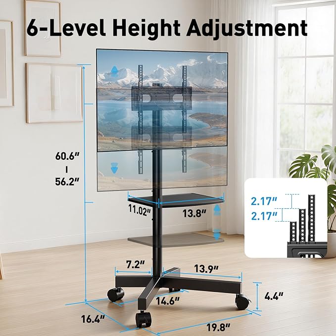 PERLESMITH Rolling TV Stand for 23-63 Inch Flat/Curved Screen TVs up to 88 lbs, Mobile TV Stand on Wheels, Portable TV Stand with Tilt & Height Adjustable,Outdoor TV Stand Max VESA 400x400mm PSTVMC10