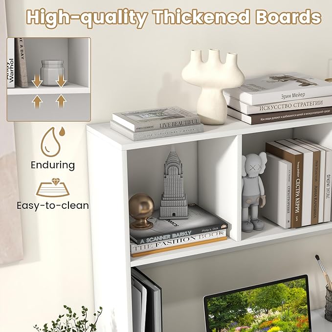 Desk Hutch, Desktop Shelf with 4 Shelves, Desk Bookshelf w/Anti-Toppling Devices, Wood Table Top Bookshelf Organizer, Small Desk Shelf for Study, Office, Dorm (White, 4 Shelves)