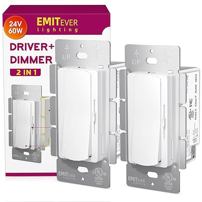 Dimmer Light Switch & 24V 60W Dimmable LED Driver 2 in 1, 2PK Single-Pole or 3-Way Slide Dimmer Switches for Led Strip Lights,120VAC to 24VDC Power Supply for Low Voltage Project, UL Listed