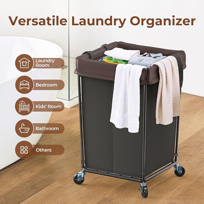 160L Rolling Laundry Basket with Wheels, 2-Section Rolling Laundry Hamper with Wheels, Double Laundry Hampers Cart on Wheels for Clothing Organizer, Hotel, Bedroom, Bathroom and Dorm, Black