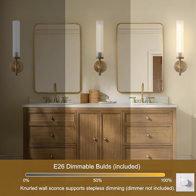 Modern Hardwired Frosted Glass Bathroom Wall Sconces, Handmade Knurled Brass Wall Light Fixture,Modern Vanity Light for Living Room,Hallway, Bedroom, 20" Indoor Wall Lamp, Bulb Included