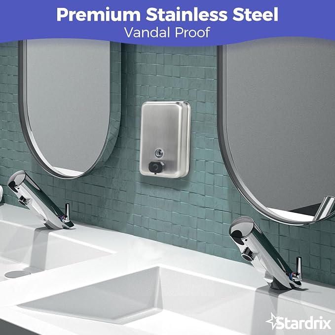 Stardrix Heavy Duty Stainless Steel Wall Mount Soap Dispenser, 1100ml/37oz, with Corrosion Proof Lining and Anti-Leak Pump for Commercial & Home Bathroom Kitchen(Vertical)