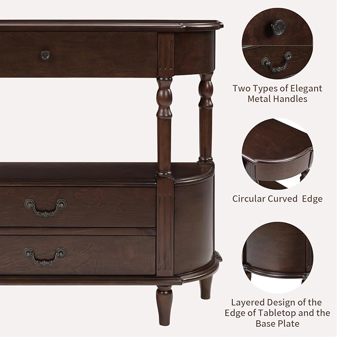 43" Retro Curved Console Table with Drawers, Solid Wood Half Moon Console Table Entry Sofa Table with Storage with Solid Pine Roman Legs Open Shelf for Small Spaces Living Room,Espresso
