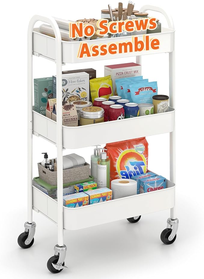 Sekey 3 Tier Metal Rolling Cart, No Screws Assemble Kitchen Cart, White Utility Cart on Wheels, Mini Rolling Carts for Small Spaces, Bathroom Storage, Bedside, Office, Food, Snack, Craft