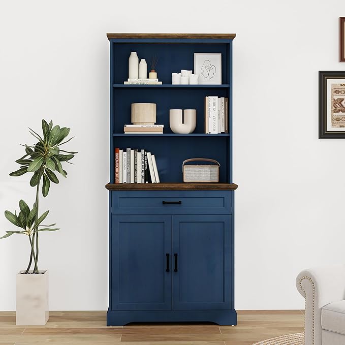 blini Tall Bookshelf with Drawers, 5-Shelf Blue Bookcase, 15" Multi Depth Storage Cabinet with Adjustable Shelves, Large Bookcases for Home Office, Living Room & Bedroom