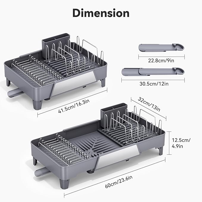 Urackify Large Dish Drying Rack - Expandable Dish Rack for Kitchen Counter, Multifunctional Dish Drainer with Drainboard & Utensil Holder, Anti-Rust, Fits Any Sink, Extendable 16.3" to 23.6" L, Gray