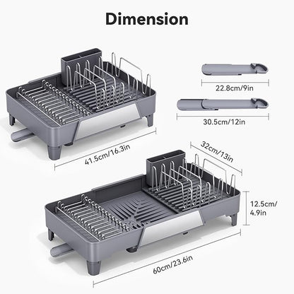 Urackify Large Dish Drying Rack - Expandable Dish Rack for Kitchen Counter, Multifunctional Dish Drainer with Drainboard & Utensil Holder, Anti-Rust, Fits Any Sink, Extendable 16.3" to 23.6" L, Gray