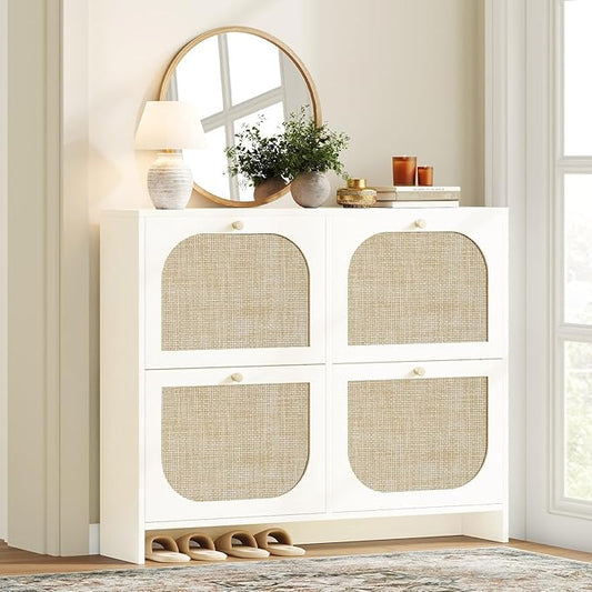 Nicetree Shoe Storage Cabinet for Entryway, 9.5" Ultra Slim White Hidden Shoe Rack with 4 Flip Drawers, Boho Teslin Woven Shoe Organizer for Men's Size 13.5 Boots