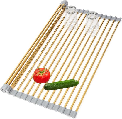 Golden Roll-UP Dish Drying Rack-Large Stainless Steel Dish Drainer Over The Sink for Kitchen Countertop, Applicable for Sink Width Less Than 16.5in (Gold,17.8'x 13.2')