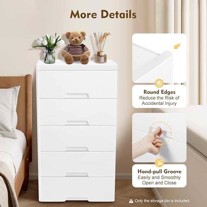 Plastic Dresser for Bedroom with 5 Drawers,Stackable Vertical Storage Tower, Small Dresser Chest of Drawers, Mobile Drawer Storage Cabinet with Wheels for Hallway Entryway,Bedroom Furniture (White)