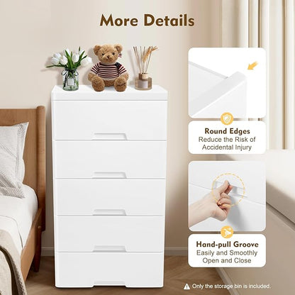 Plastic Dresser for Bedroom with 5 Drawers,Stackable Vertical Storage Tower, Small Dresser Chest of Drawers, Mobile Drawer Storage Cabinet with Wheels for Hallway Entryway,Bedroom Furniture (White)