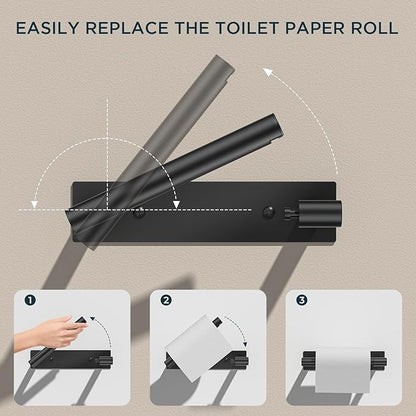 FORIOUS Black Toilet Paper Holder, Adhesive or Wall Mounted Options, Stainless Steel Rustproof Stick on no Drilling Double Post Pivoting Toilet Tissue Roll Holder Wall Mount for Bathroom, Matte Black