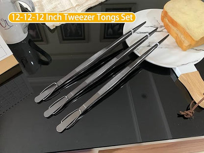 JETKONG 12-Inch Cooking Tweezers Tongs Precision Serrated Tips Stainless Steel Chef Tweezer, Set of 3 (12 12 12 Inch, Black)