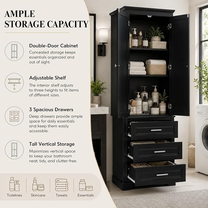 Storage Cabinet, Tall Bathroom Cabinet with Adjustable Shelf | Tall storage cabinet, upper enclosed cabinet and 3 pull-out compartments keep daily essentials organized