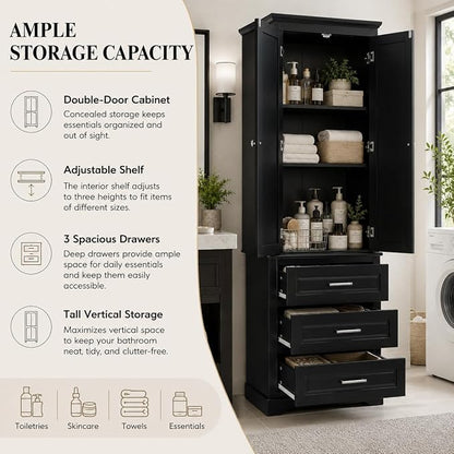 Storage Cabinet, Tall Bathroom Cabinet with Adjustable Shelf | Tall storage cabinet, upper enclosed cabinet and 3 pull-out compartments keep daily essentials organized