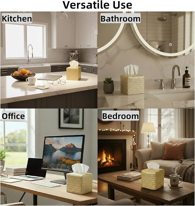 Tissue Box Cover 2-Pack, Square Tissue Holder with Bottom Belt, Modern Tissue Case Facial Paper Organizer Dispenser for Bathroom, Office, Home, Table, Car, Woven Pattern Golden