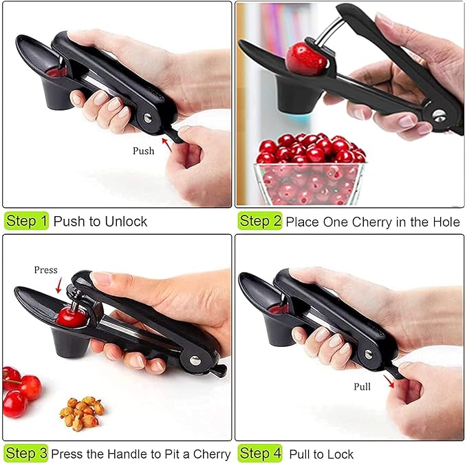 Cherry Pitter Tool, Heavy-Duty Seed Core Remover With Space-Saving Lock Design, Pit Remover for Cherries (Black)