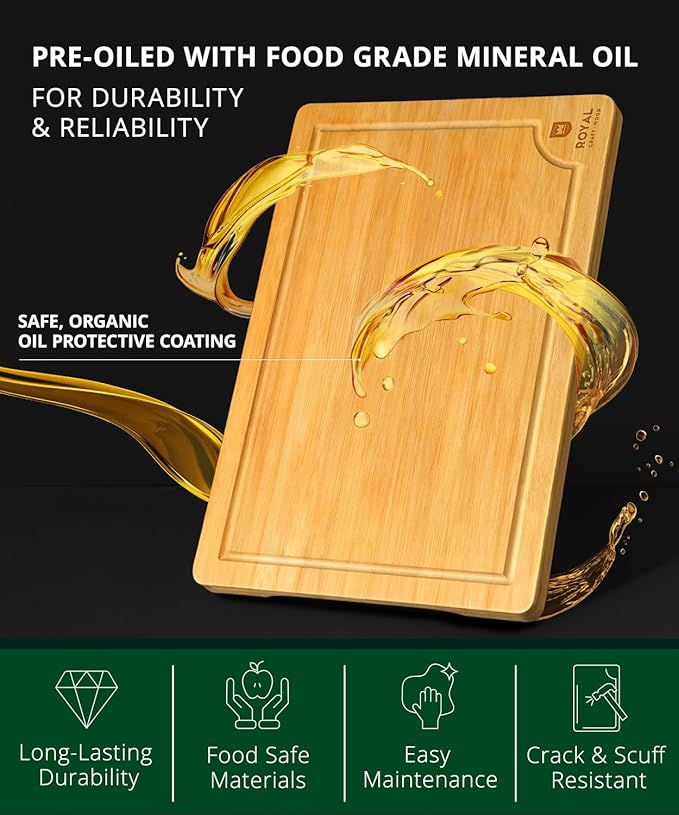 ROYAL CRAFT WOOD Wooden Cutting Boards for Kitchen Meal Prep & Serving - Bamboo Wood Serving Board Set with Deep Juice Groove Side Handles - Charcuterie & Chopping Butcher Block for Meat