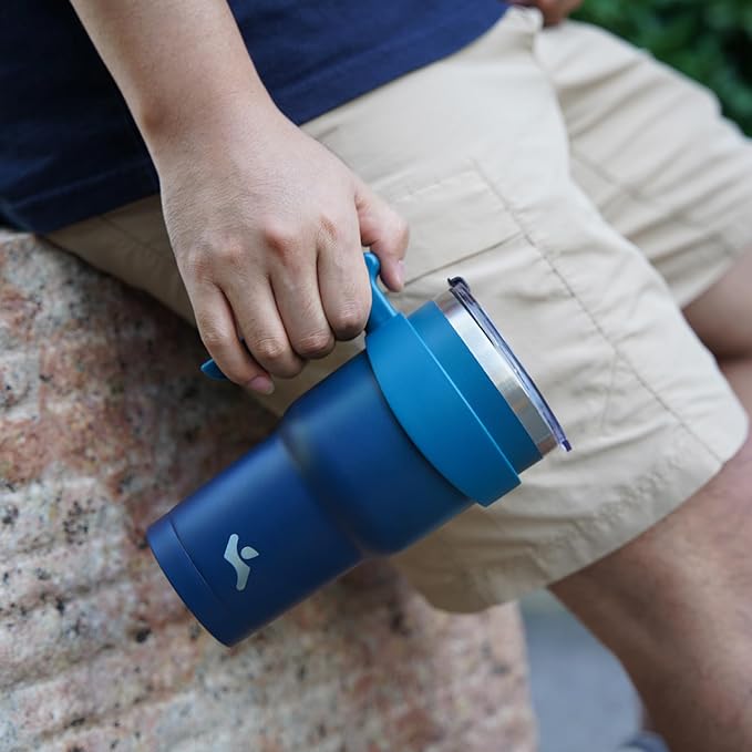 20 oz Tumbler with Handle and 2 Straw 2 Lid, Insulated Water Bottle Stainless Steel Vacuum Cup Reusable Travel Mug, Navy Blue