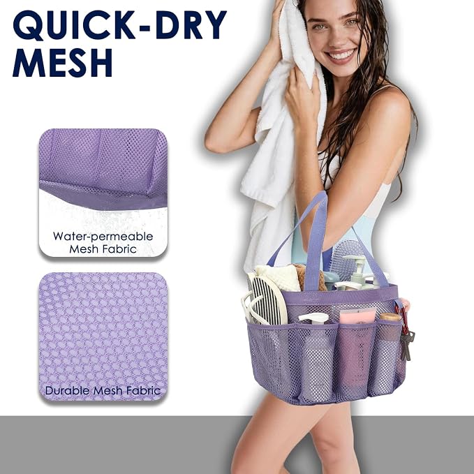 GYEUKHAM Mesh Shower Caddy Portable for College Dorm, Quick Dry Hanging Shower Bag with 8 Pockets, Bathroom Tote Organizer for Gym, Travel, Camping, Purple