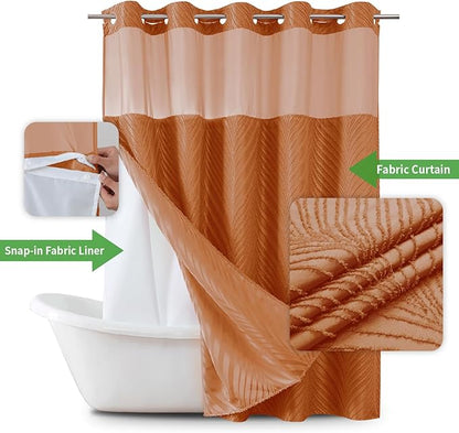 no Hook Shower Curtain and Liner Set，Boho Style with See Through Top Window, BurntOrange Fabric Tufted Striped Textured Outer Curtain & Waterproof Inner Liner, Orange, 71Wx80H