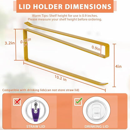 2 Pack Tumbler Lid Organizer, Horizontal Tumbler Lid Storage Hook to Hold Up 20 Lids, Space Saving Cup Lid Holders Under Cabinet Tumbler Lid Hook for Kitchen Organizer, Paper Towel Rack Hanger (Gold)