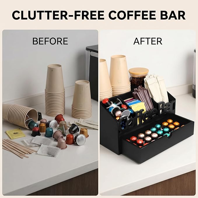 Coffee Bar Organizer for Countertop - Wooden Coffee Organizer Condiment Station, Coffee Station Organizer for Home & Office, K Cup Stand for Counter, Tea Box - Black Drawer Type