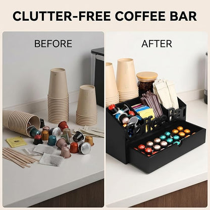 Coffee Bar Organizer for Countertop - Wooden Coffee Organizer Condiment Station, Coffee Station Organizer for Home & Office, K Cup Stand for Counter, Tea Box - Black Drawer Type