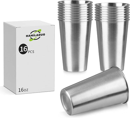 16Pack 16 oz Stainless Steel Pint Cups,Stainless Steel Cup,Pint Cup Tumbler，water Tumbler,Stackable,Reusable,BPA Free, (16)