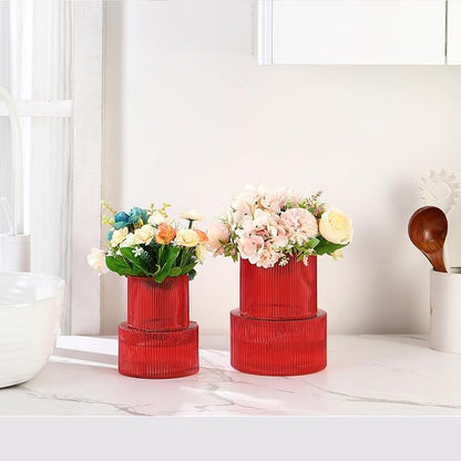 Ribbed Glass Vases for Bouquet, Set of 2 Red Vases for Flowers, Red Glass Vase for Tulips, Modern Vase for Living Room, Office, Coffe Table, Dining Table, Shelf, Wedding