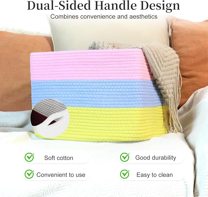Hopegiver Rainbow Storage Baskets 15x11x9 IN, Colorful Cotton Rope Toy Storage Bins with Handles, Nursery & Kids Playroom Organizer
