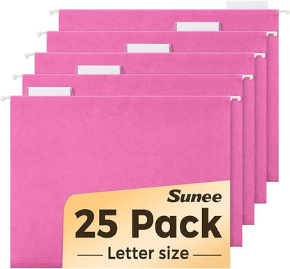 SUNEE Hanging File Folders, 25 Pack Letter Size Hanging File Folders with 1/5-Cut Tabs, Ideal for Home and Office Organization and Papers Classification, Bright Neon Pink