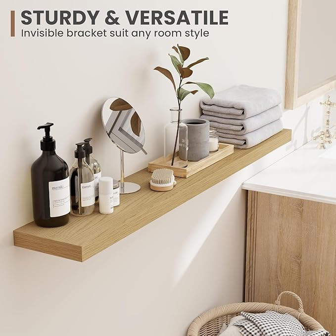 Acovy 55 Inch Floating Shelves, 8 Inch Deep Floating Shelves for Wall, Hanging Shelf with Invisible Brackets, Deep Shelves for Bathroom, Bedroom, Living Room, Oak, Set of 2