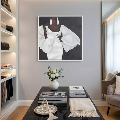 Framed Black and White Wall Art, Square Modern Canvas Portrait Prints Paintings for Walls, Contemporary Minimalist Elegant Black Woman Pictures for Dining Room Bedroom Hallway Wall Decor 24x24 In