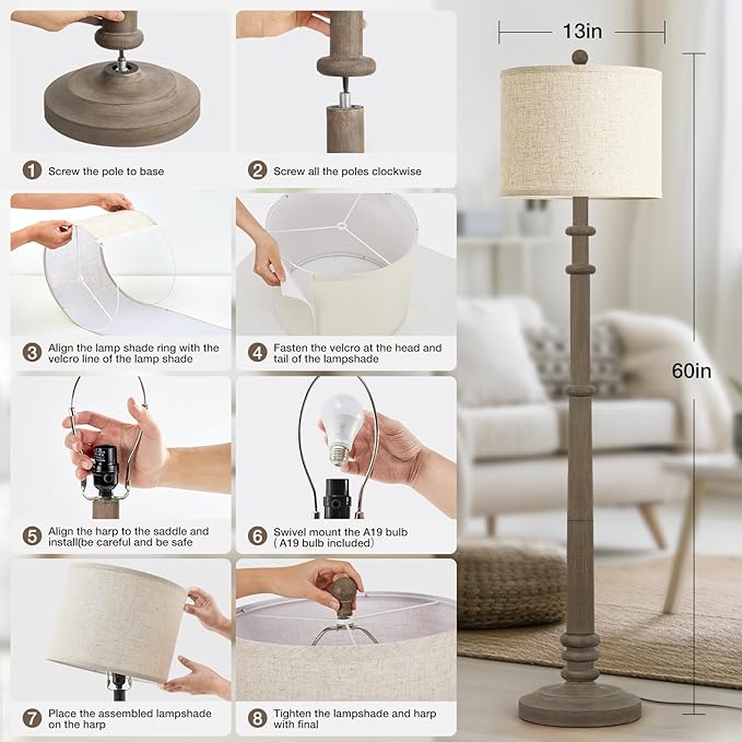 Floor Lamps for Living Room - 60" Resin Farmhouse Floor Lamp with Adjustable Color Temperatures - Vintage Standing Lamp Reading Light with Linen Shade Retro Tall Lamp for Bedroom Office, Grey
