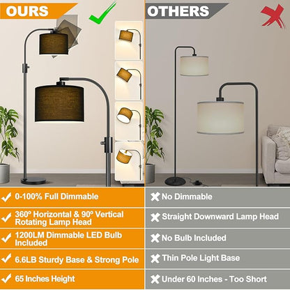 Nintiue Upgraded Modern Arc Dimmable Tall Standing Floor Lamp with Black Shade, 1200 Lumens LED Bulb Included, for Living & Reading Room, Bedroom, Office & Nursery, Black