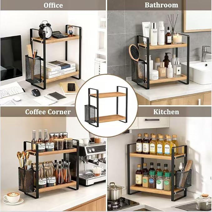 LEMIKKLE 2-Tier Coffee Bar Organizer With Basket,Wooden Counter Shelf for Coffee Bar Accessories,Kitchen Spice Rack Organizer for Countertop-Brown