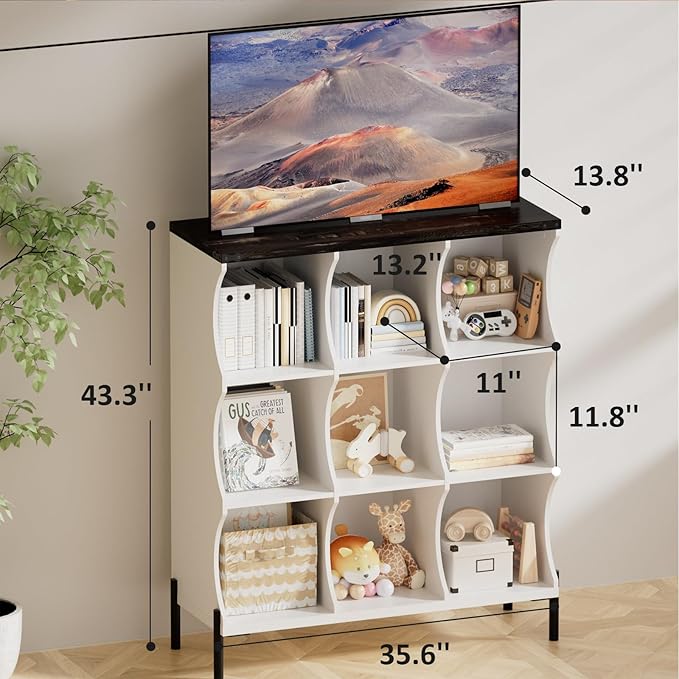 9 Cube Book Shelf, Low and Short Bookshelf, Long Cube Storage Organizer Wood TV Stand, Toy Organization DVD Cabinets for Living Room, Office, Bedroom, Dorm, White with Dark Brown Top