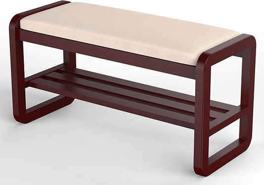 Solid Wood Shoe Rack, 2 Tier Shoe Storage Bench with Cushion Seat, 10 Pair Shoe Organizer for Entryway, Walnut, 39 Inch