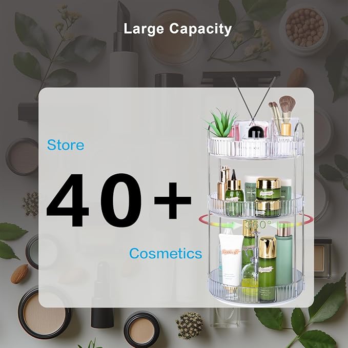 360 Rotating Makeup Organizer, 3 Tier Large Capacity Lazy Susan Bathroom Counter Organizer, Skincare Organizers, Spinning Perfume Organizer & Vanity Organizer Countertop (Silver Clear, 3 Tier)