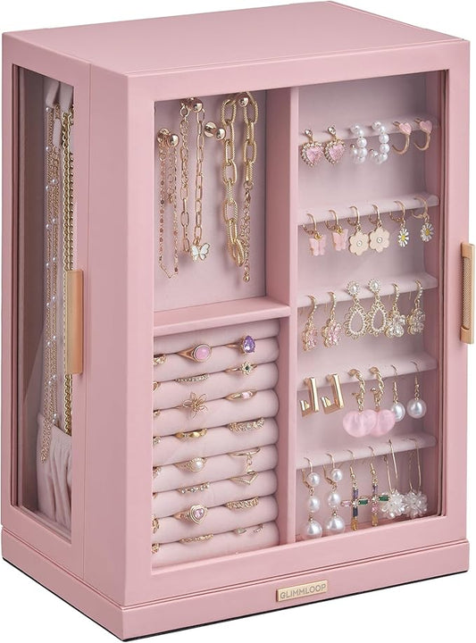 Glimmloop 360° Rotating Jewelry Box with 7 Drawers, Spacious Vertical Jewelry Organizer with Glass Window, Jewelry Storage Case, Dustproof & Moisture-resistant Design, Pink