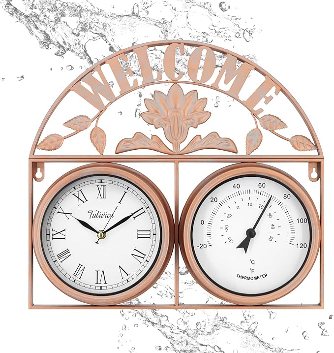 17Inch Large Outdoor Clock,Waterproof Wall Clock with Thermometer,Weatherproof Non-Ticking Quartz Battery Operated Decor Clock for Patio,Garden,Pool,Porch,House Warming Gifts