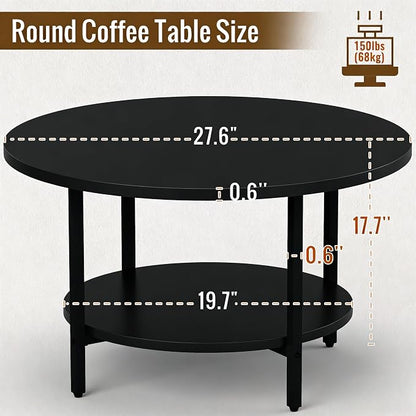 FAMIDGE Coffee Table, 27.6“ Circle Coffee Tables for Living Room, 2 Tier Round Coffee Table with Storage, Wood Accent Center Floor Table for Bedroom, Industrial Home Office, Black (27.6" D x 17.7" H)