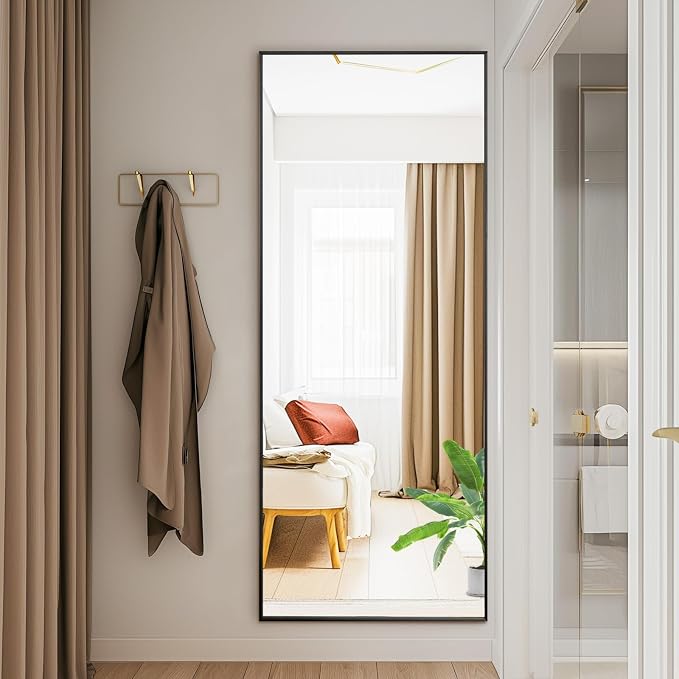 NEWBULIG Mirror Full Length, 56"x15" Body Wall Mirrors with Shatter-Proof Glass, Upgraded Floor Standing Mirror, Hanging or Leaning, with Stand Aluminum Alloy Frame for Home Decor, Bedroom, Black