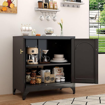 Metal Sideboard Buffet Cabinet with Storage,33 Inch Coffee Bar Cabinets with Adjustable Shelf, Black Kitchen Pantry Cabinet for Dining Room, Living Room