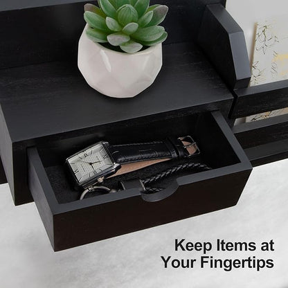 Lwenki Wall Mount Key Holder with Mail Organizer, 100% Paulownia Wood, 7 Metal Hooks, Storage Drawer, Entryway Home Decor (Black)